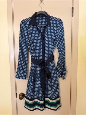 Ann Taylor Navy and Blue Printed Long-Sleeve Shirt Dress with Tie Waist